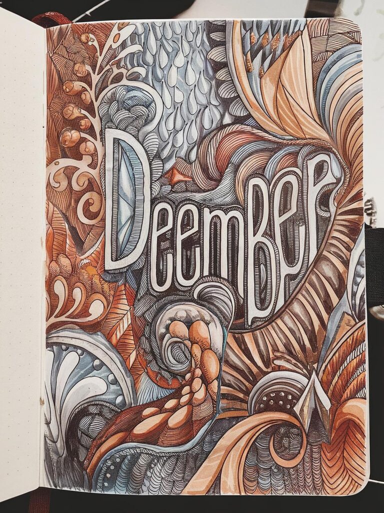 Intricate doodle art with December text, featuring abstract patterns and earthy tones. Perfect for creative inspiration.