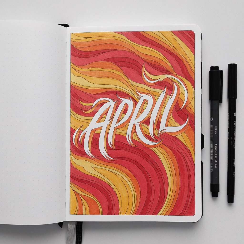 Bold April lettering in a notebook with wavy red and orange pattern, next to black pens.