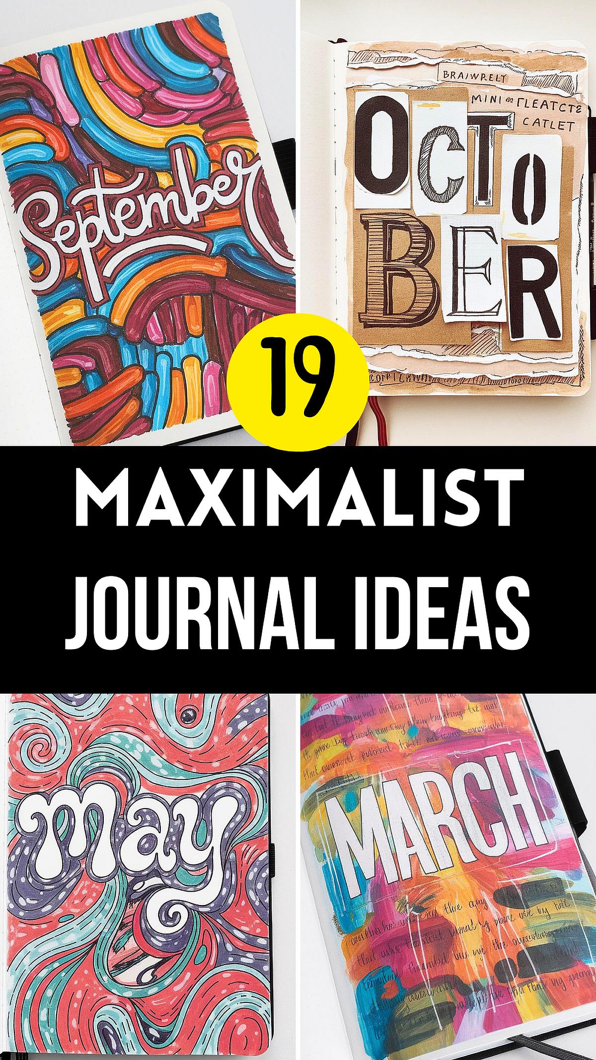 19 colorful maximalist bullet journal covers showcasing artistic month covers for September, October, May, and March.