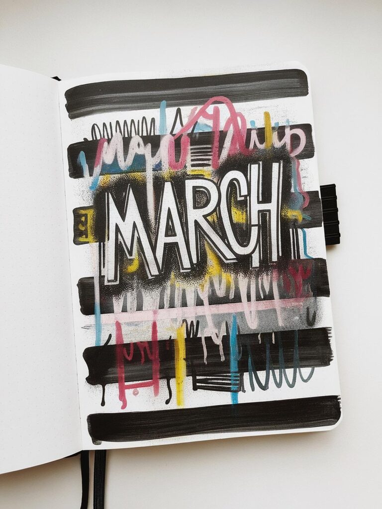 Bullet journal page with artistic March design, featuring black, pink, blue, and yellow abstract brush strokes.
