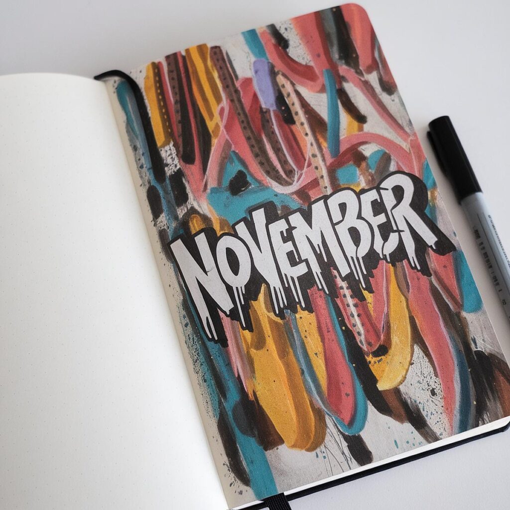 Graffiti-style November artwork in journal with vibrant colors, open next to a black pen.