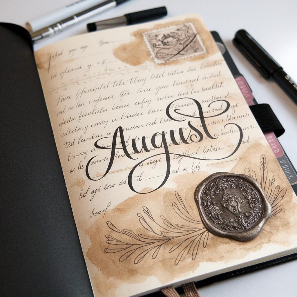 Elegant August journal page with calligraphy, decorative stamps, and pens on a desk. Vintage artistic stationery.