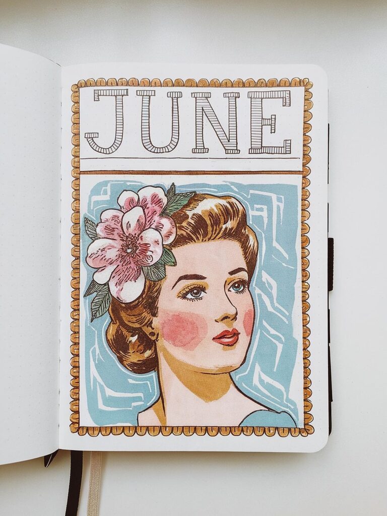 Vintage-style June journal cover with illustrated woman and floral detail.