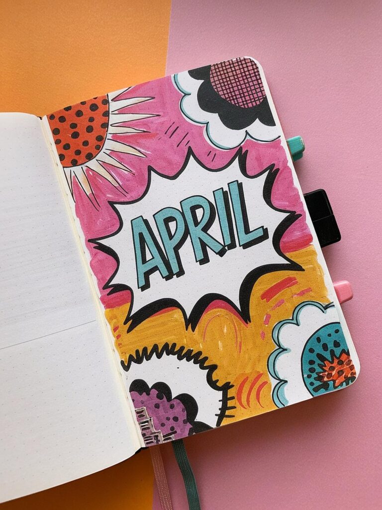 Colorful journal page with April in bold comic style, surrounded by vibrant doodles and patterns on a pink background.