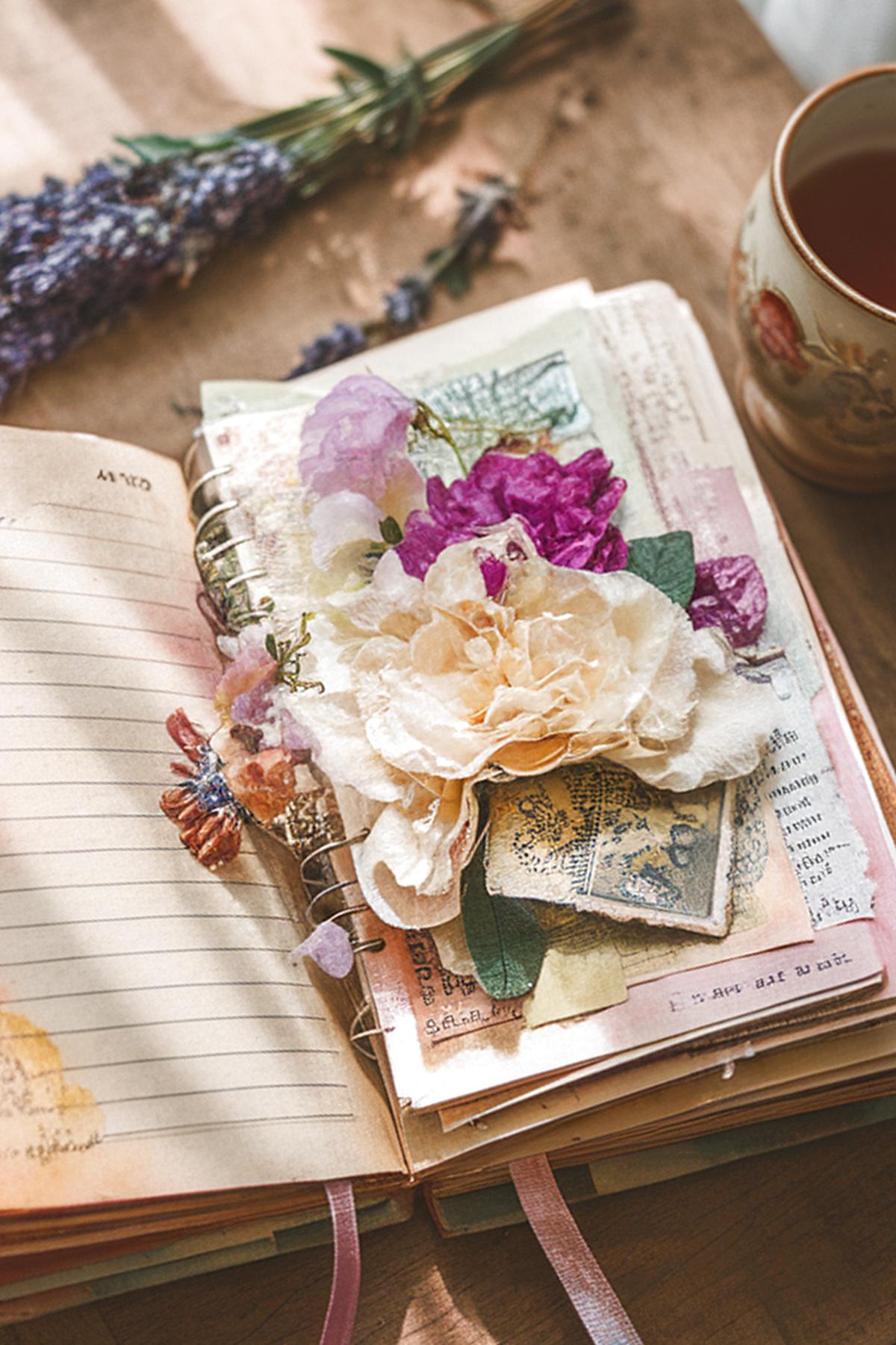 Nature Spring Junk Journal Printables. Open journal with dried flowers and stamps, next to a cup of tea on a wooden table. Cozy and artistic setting.