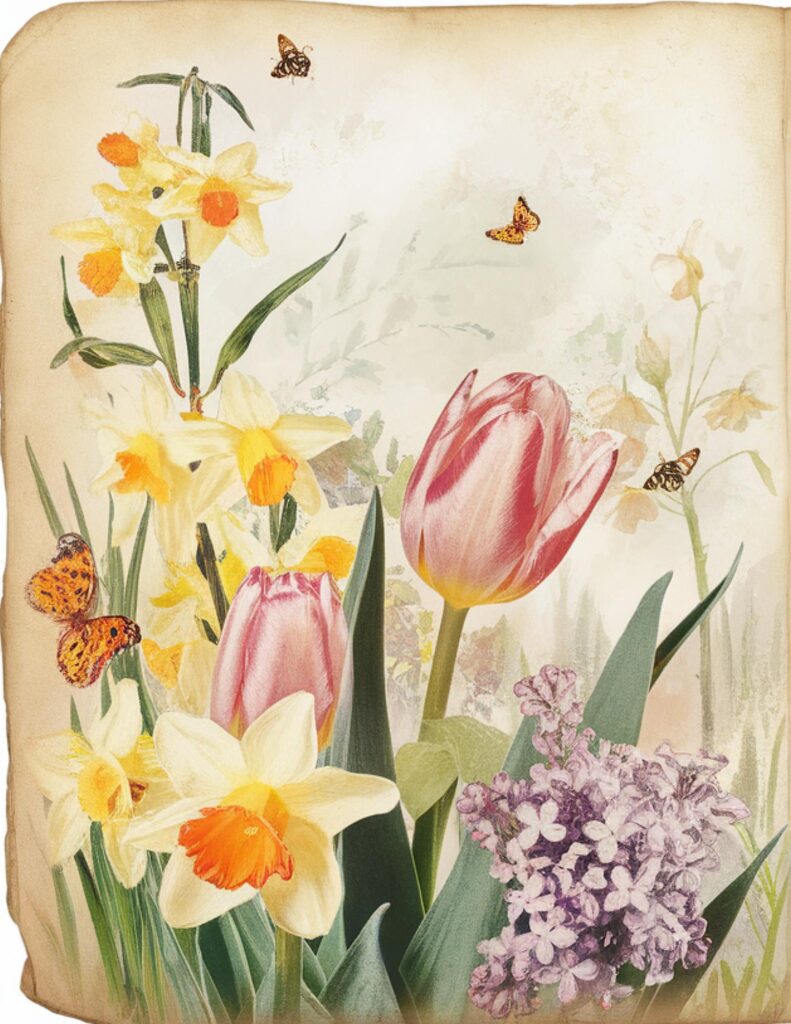 Vintage floral illustration with colorful tulips, daffodils, lilacs, and butterflies on a textured background.