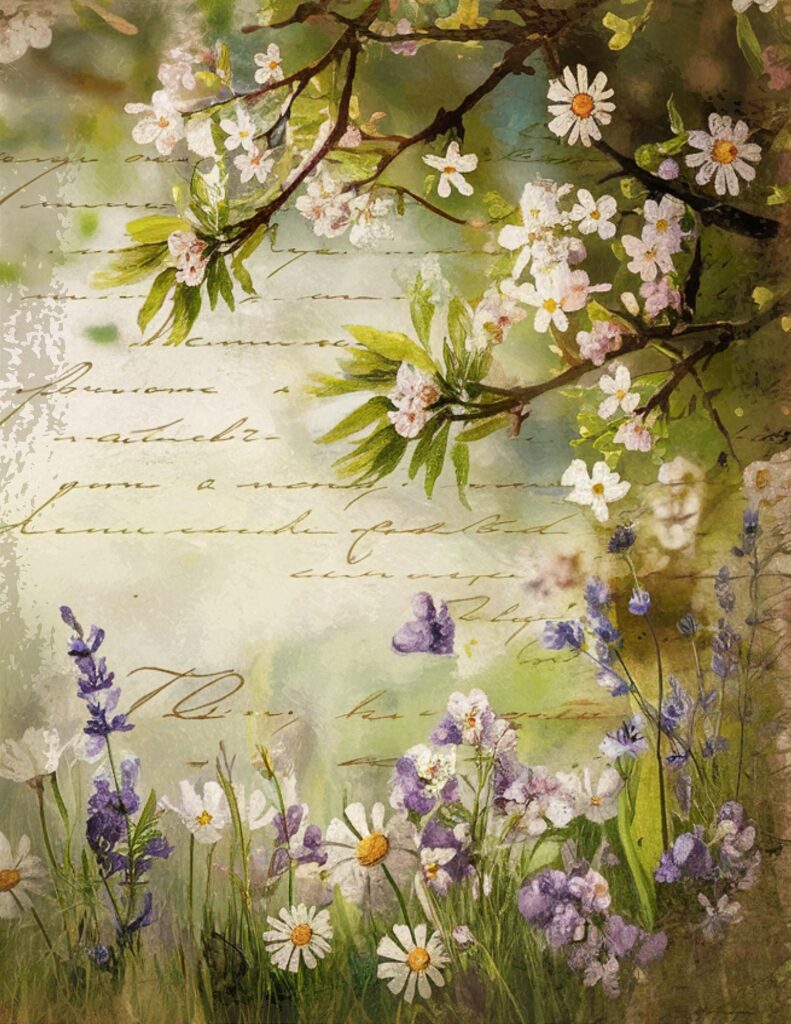 Vintage floral art with daisies and lavender overlaid on cursive script background, creating a nostalgic spring scene.