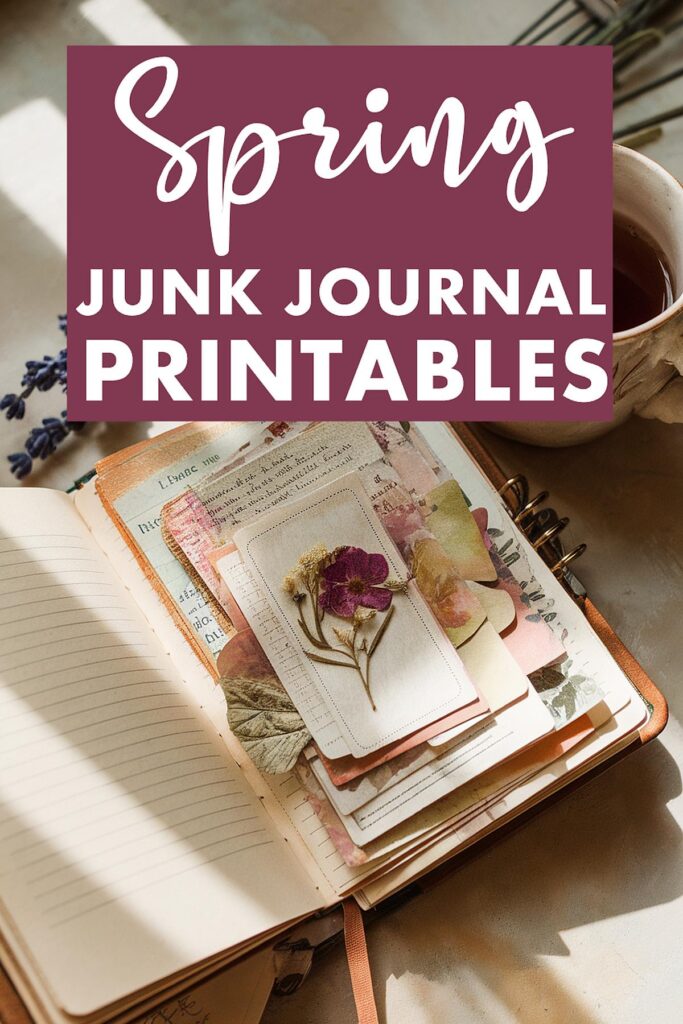 Spring-themed junk journal printables with pressed flowers and scrapbook materials on a table.