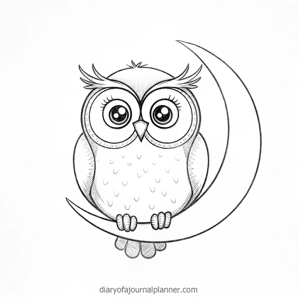 Cute cartoon owl perched on a crescent moon, hand-drawn in black and white.