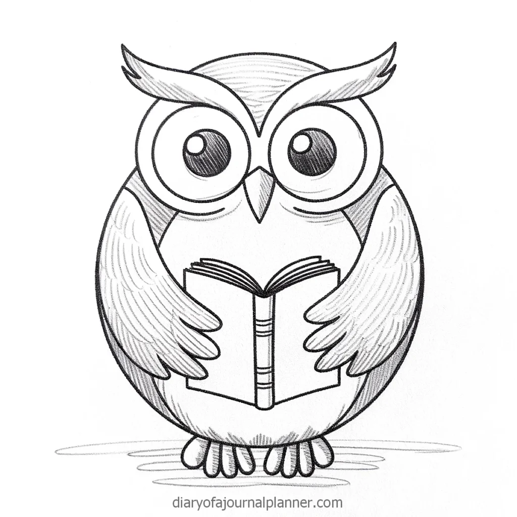 Cartoon owl holding an open book, symbolizing wisdom and knowledge, monochrome sketch design.