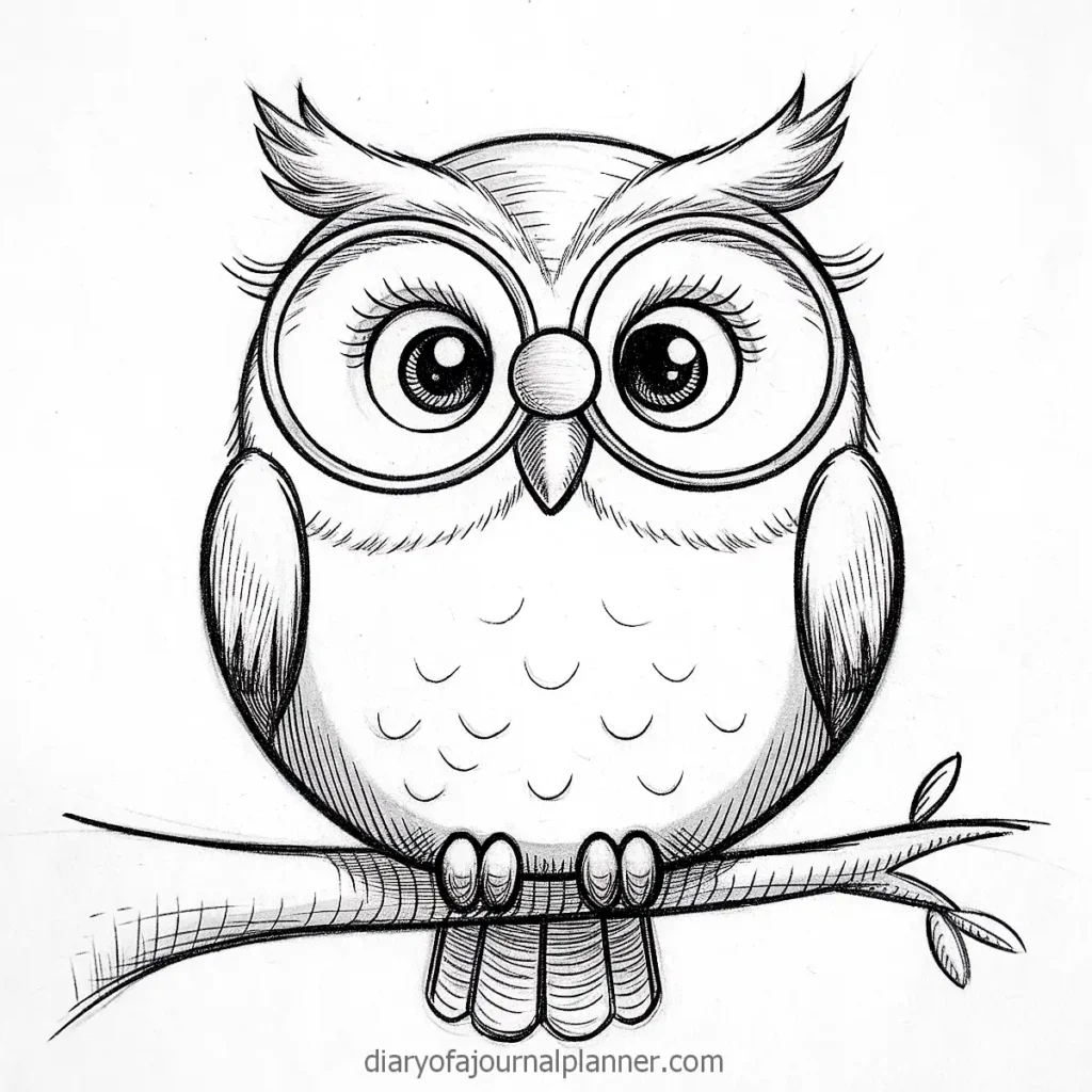 Sketch of a cute owl with large eyes perched on a branch, detailed line art drawing.