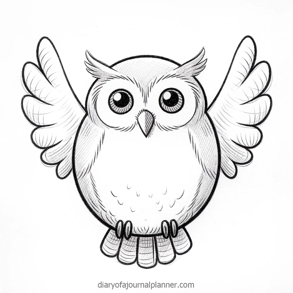 Cute hand-drawn owl with big eyes and spread wings, perfect for coloring or educational purposes.