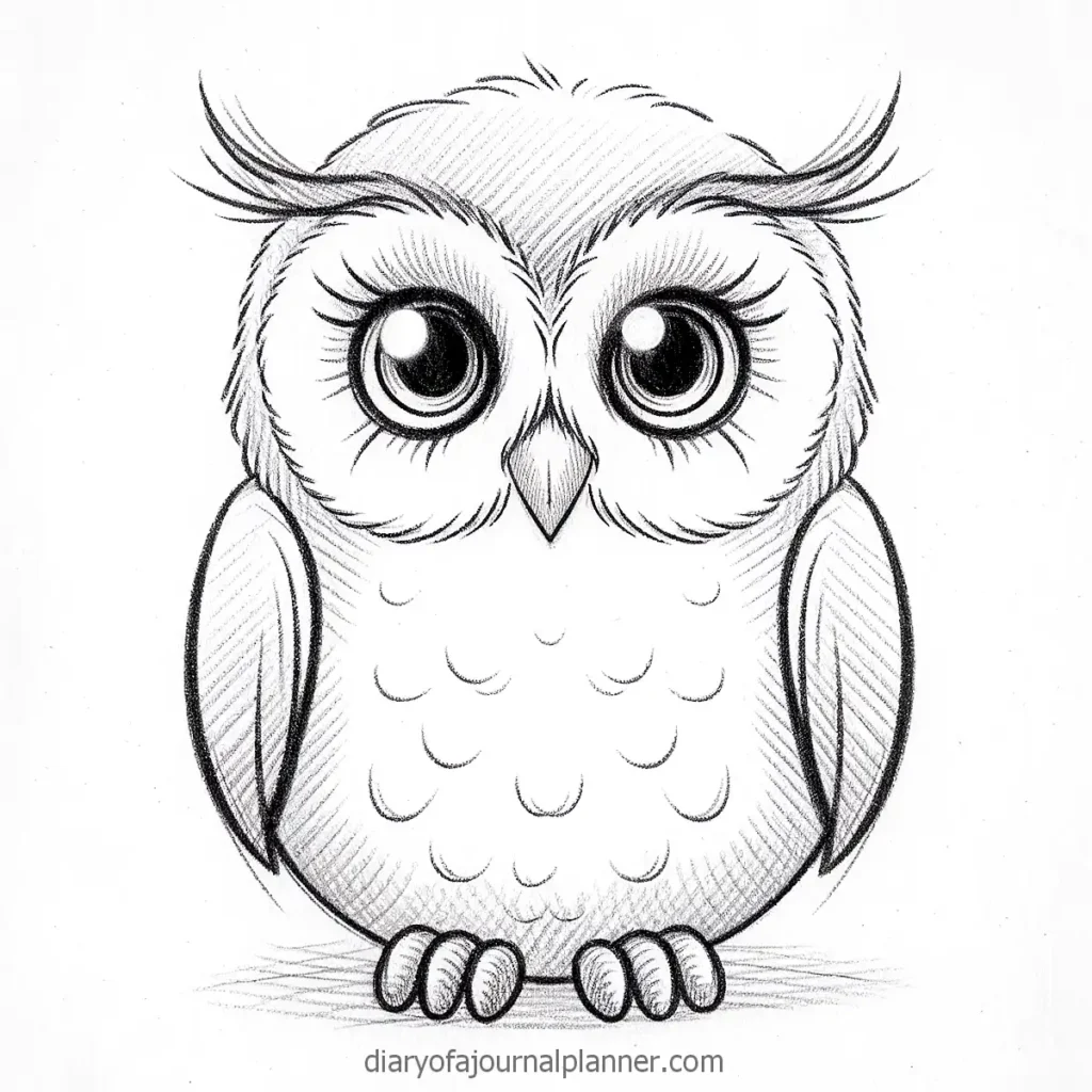 Cute cartoon owl sketch with big eyes and fluffy feathers, perfect for journal or planner designs.