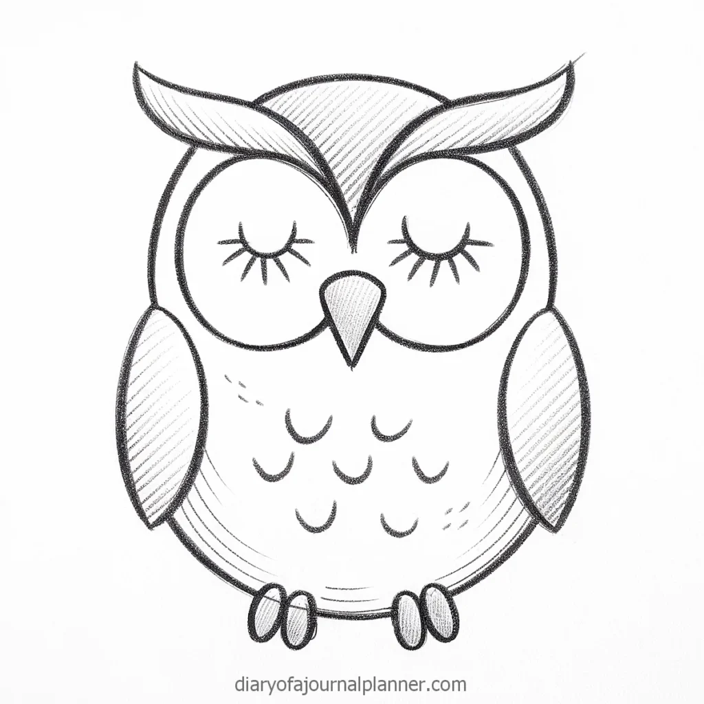 Cartoon owl drawing with closed eyes, featuring detailed feathers and a calm expression.