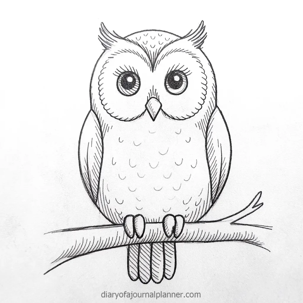 Hand-drawn owl sitting on a branch, showcasing intricate detailing and cute expression. Perfect for coloring enthusiasts.