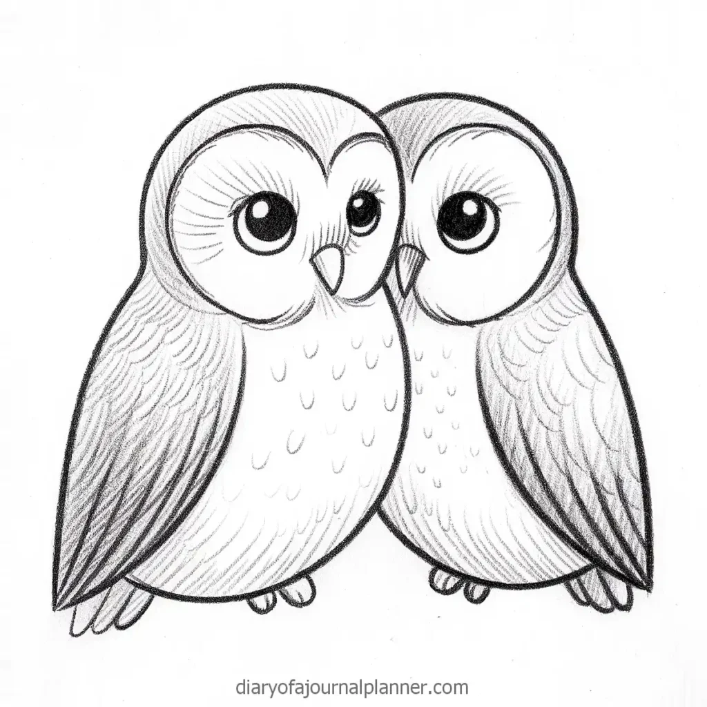 Cute pencil sketch of two owls cuddling together, showcasing detailed feathers and expressive eyes.