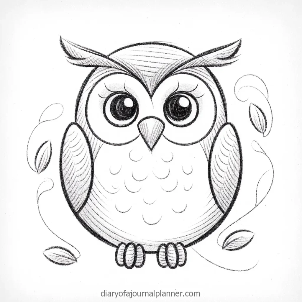 Cute hand-drawn cartoon owl sketch with large eyes and feathers, surrounded by floating leaves.