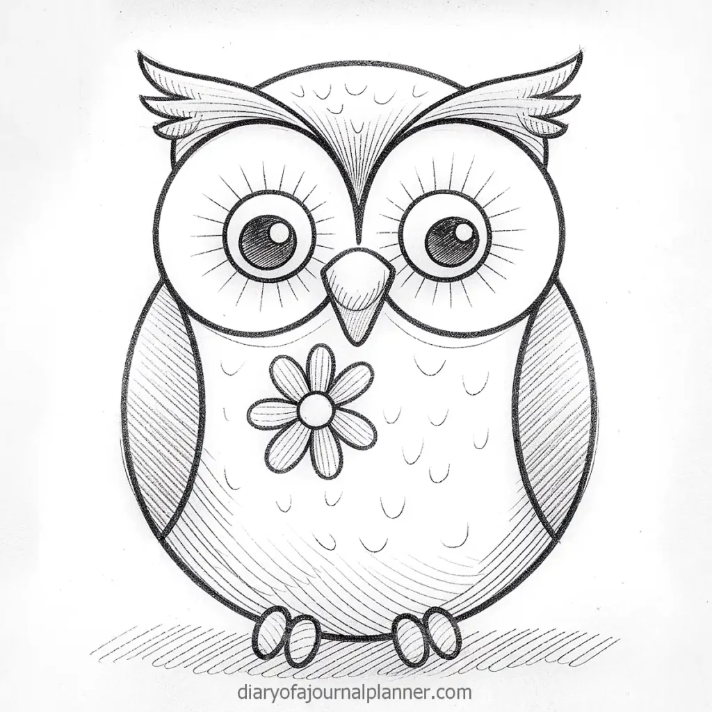 Cute owl sketch with big eyes and flower detail, perfect for coloring book or whimsical art decor.