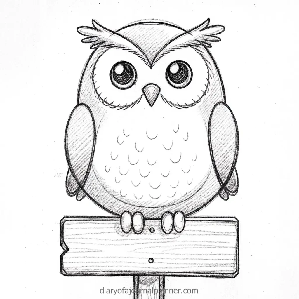 Cute cartoon owl sketch perched on a wooden sign, perfect for children's art projects.