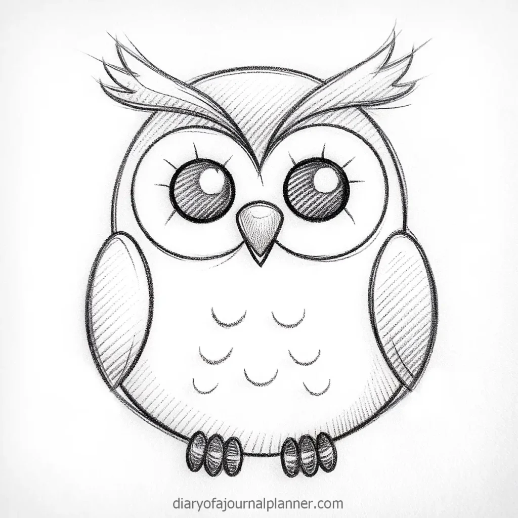 Cute pencil sketch of an owl with big eyes, looking directly at the viewer. Simple owl illustration.