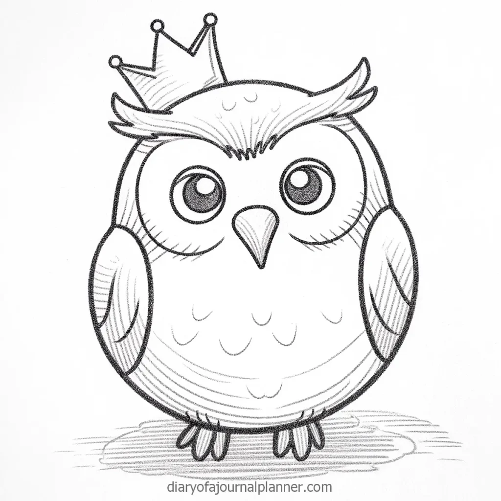 Sketch of a cute owl wearing a crown, standing on a textured surface. Perfect for coloring pages or art projects.