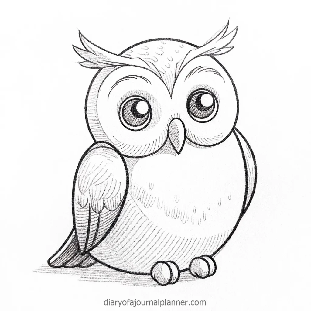 Cute cartoon owl pencil drawing with big eyes and detailed feathers.