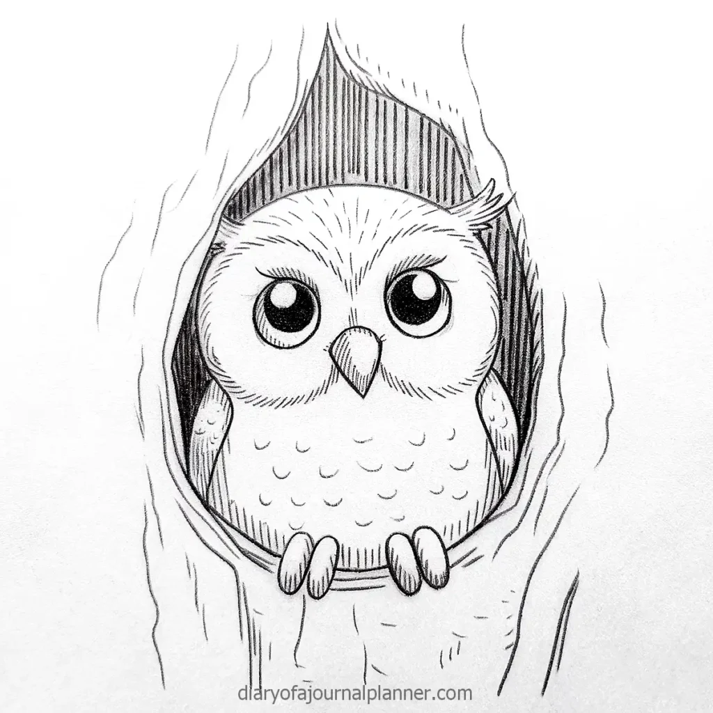 Cute cartoon owl peeking from a tree hollow, black and white sketch.