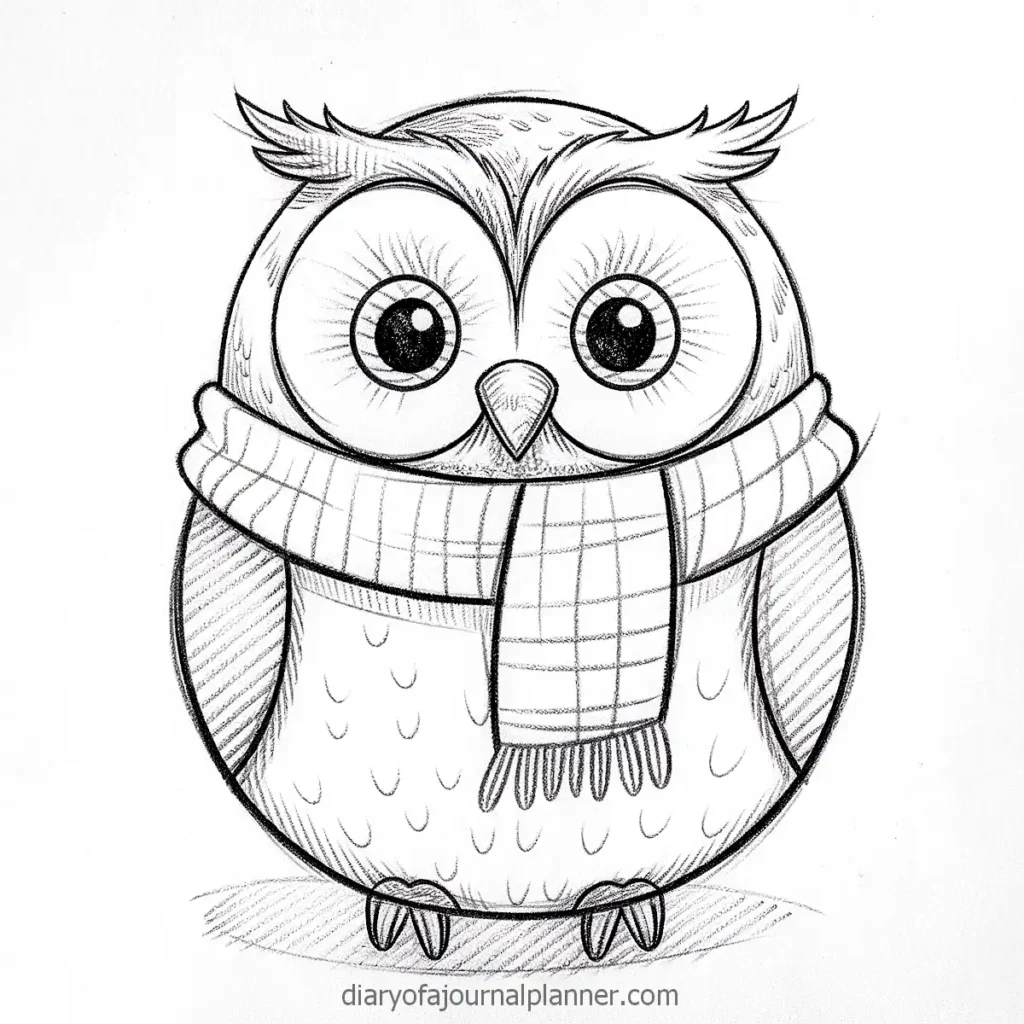 Cute owl drawing wearing a checkered scarf, black and white sketch.