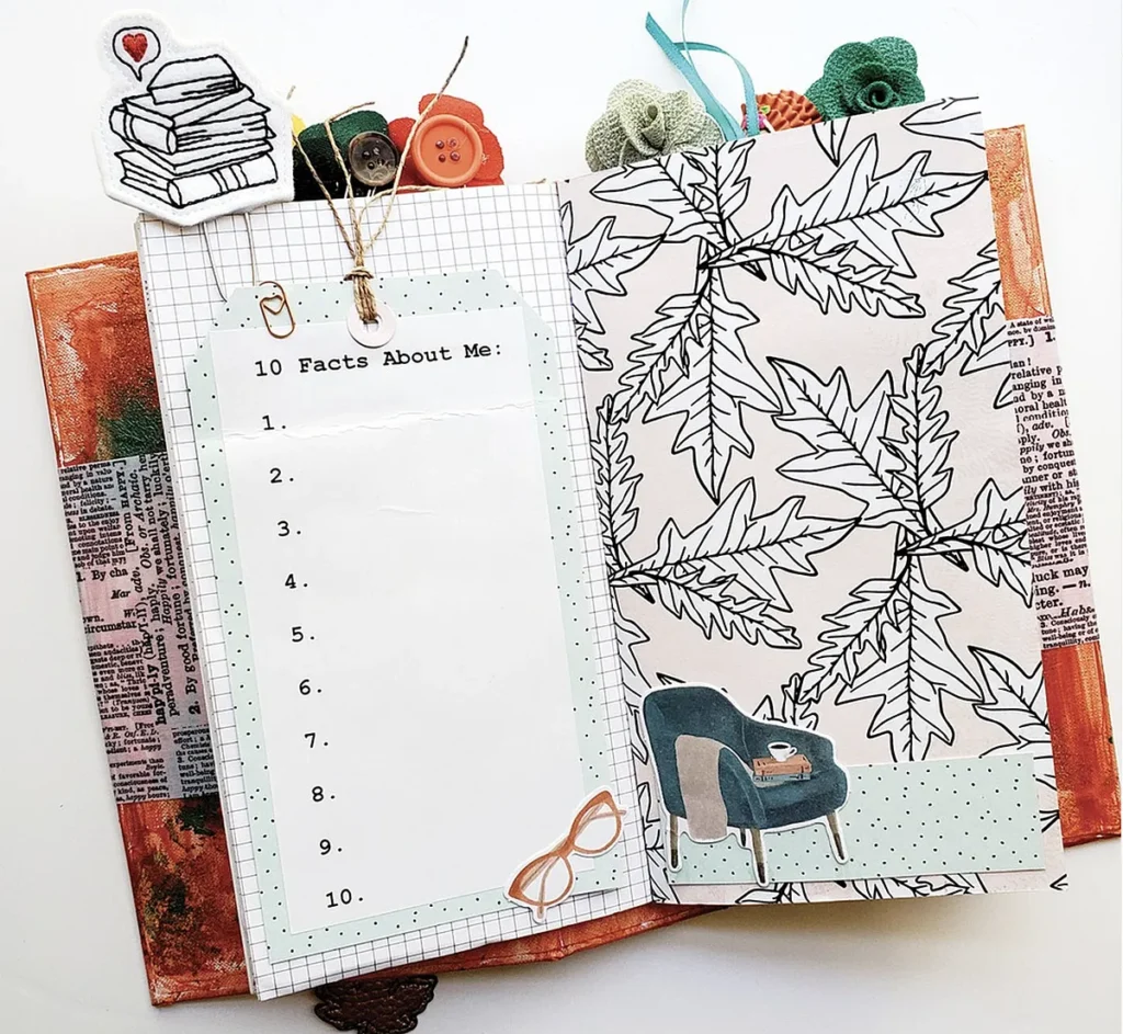 Open scrapbook with 10 Facts About Me list and decorative elements like leaves, glasses, and a cozy chair illustration.