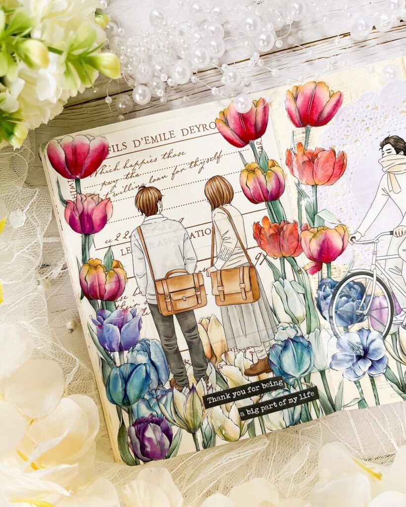 Illustrated couple surrounded by colorful tulips with a heartfelt message, decorative pearls, and flowers.