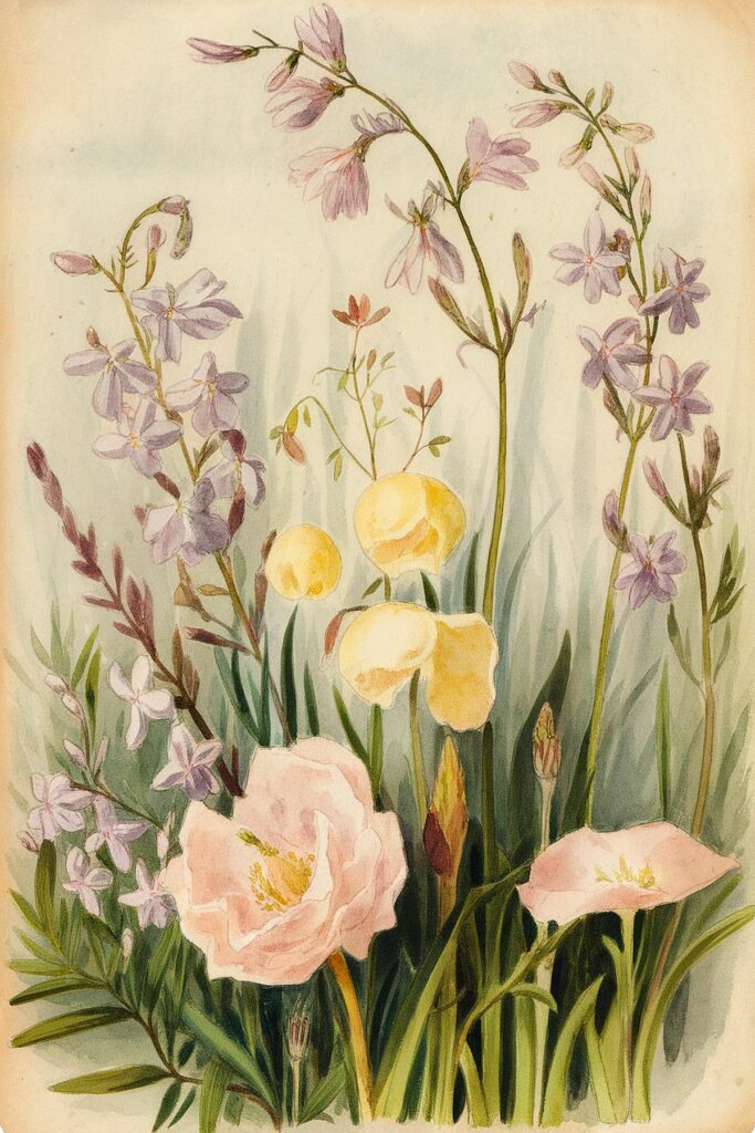 Colorful floral illustration with pink, yellow, and purple wildflowers on a light background, showcasing nature’s beauty.