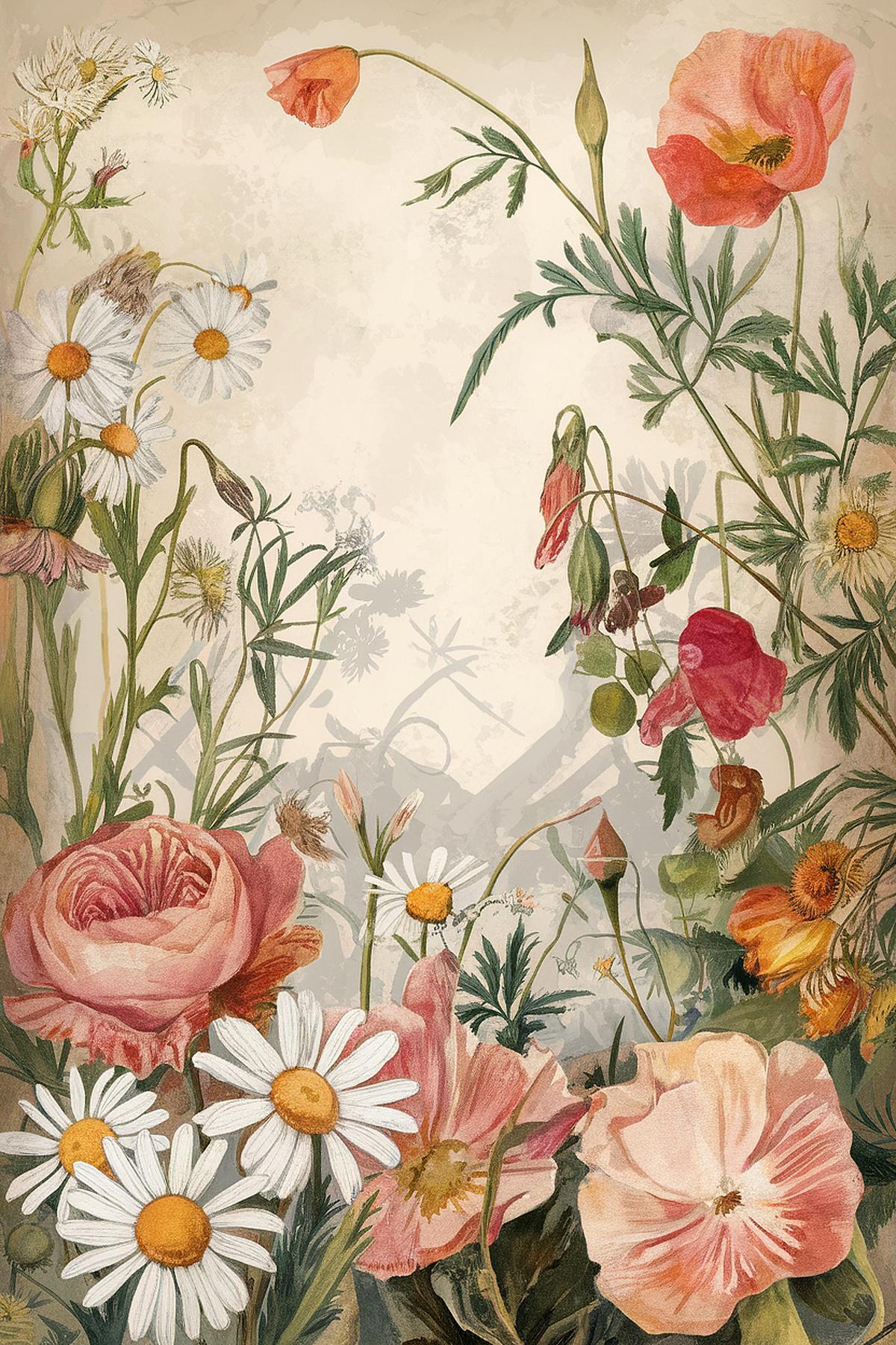 Vintage floral illustration featuring daisies, poppies, and roses in soft pastel colors.