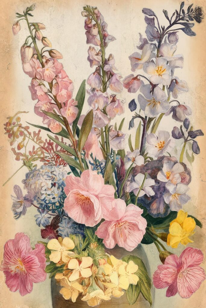 Vintage botanical illustration of assorted colorful flowers in a vase, featuring pink, purple, and yellow blooms.