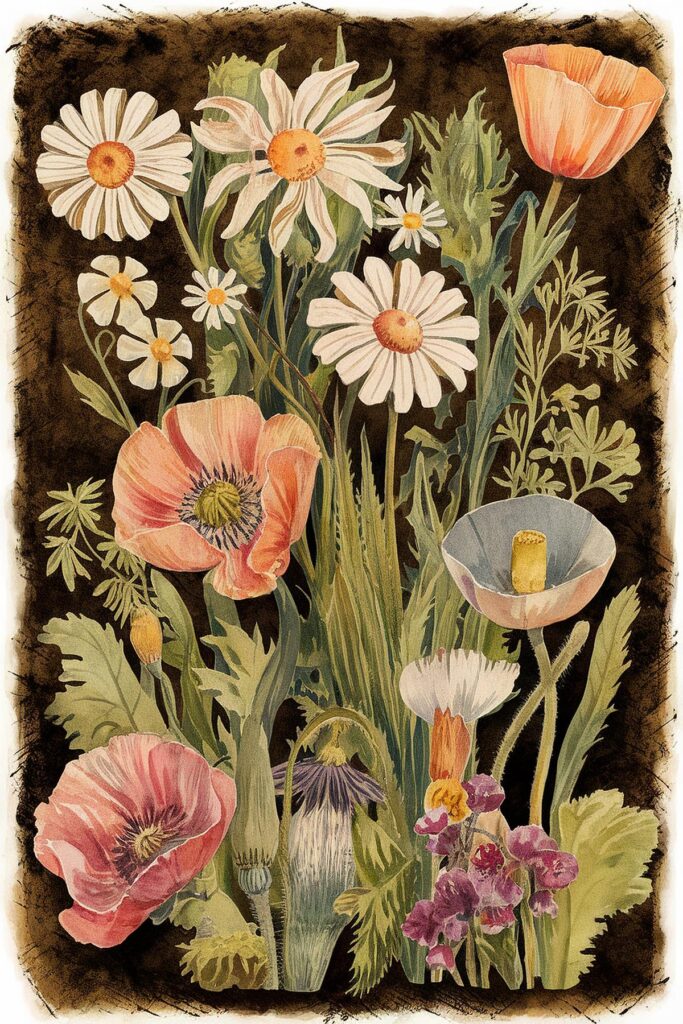 Vintage botanical illustration of daisies and poppies with green foliage on a textured, dark background.