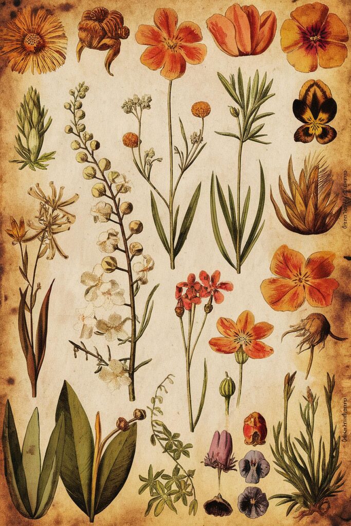 Vintage botanical illustration featuring various colorful wildflowers and herbs on a textured background.