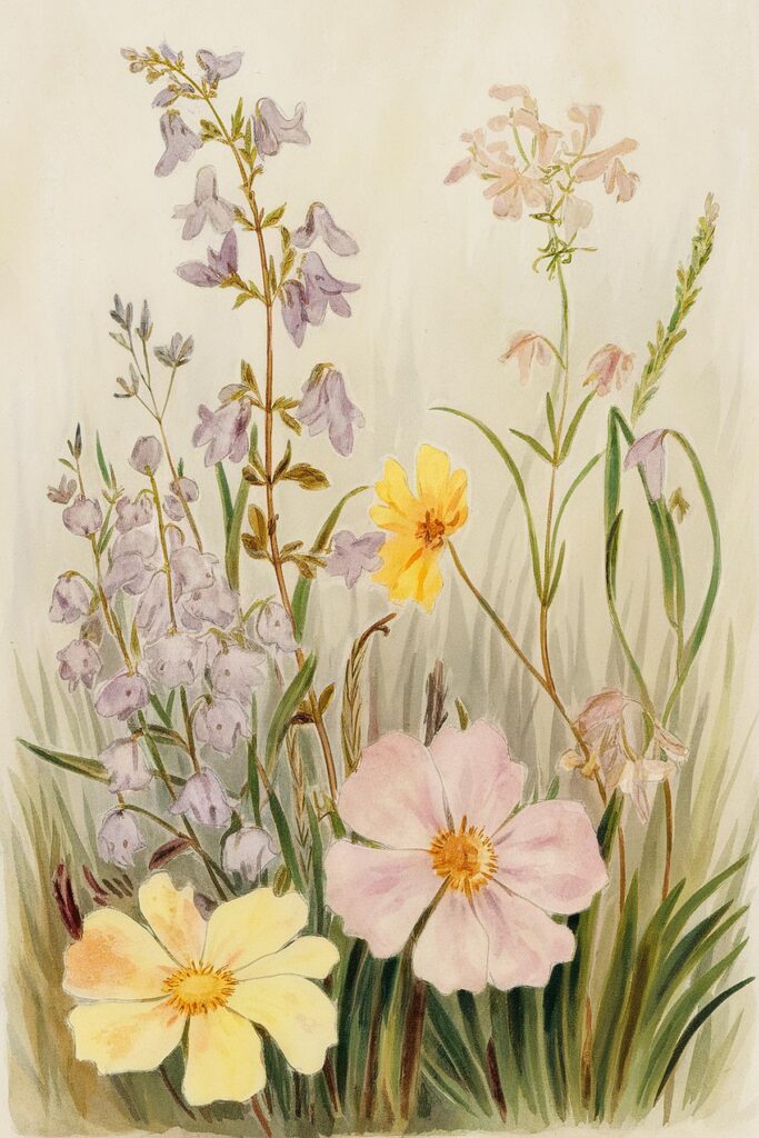 Illustration of wildflowers in various colors, showcasing nature's beauty. Perfect for botanical and art themes.