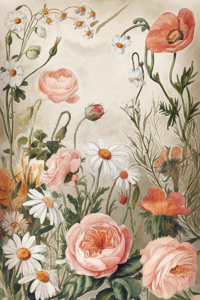 Illustration of blooming wildflowers with roses, daisies, and poppies in a vintage botanical style.