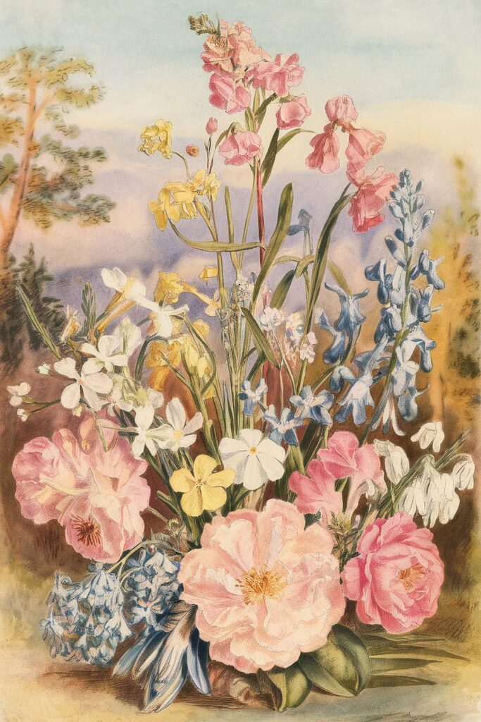 Colorful spring bouquet with pink, yellow, blue flowers in watercolor style against serene countryside background.