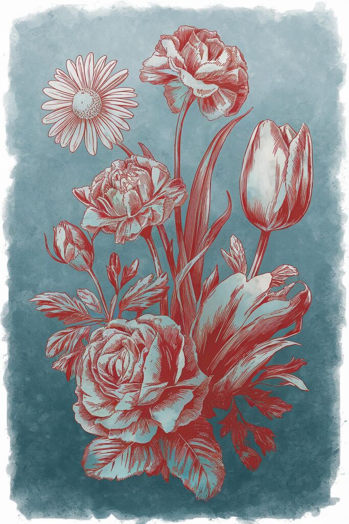 Vintage-style floral illustration with daisies, roses, peonies, and tulips on a textured blue background.