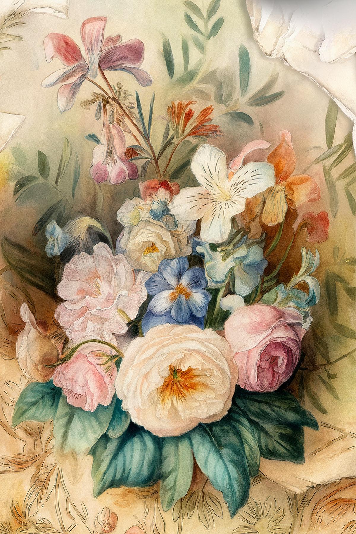 Vintage floral watercolor painting featuring colorful blooming flowers and lush green leaves.