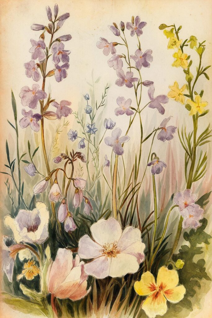 Watercolor illustration of wildflowers with purple, yellow, and white blooms in a natural garden setting.