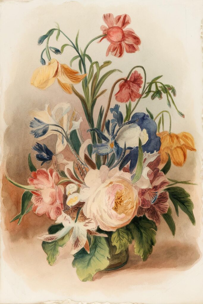 Watercolor painting of a vibrant floral bouquet with various colorful flowers and lush green leaves.