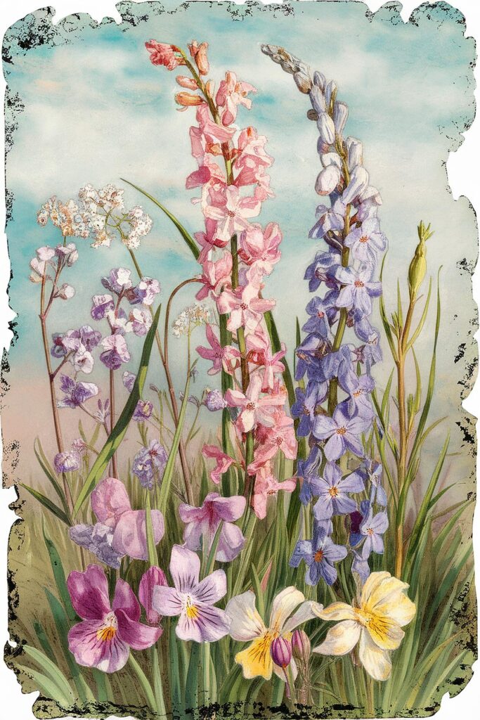 Vintage botanical illustration with colorful wildflowers on a field background.