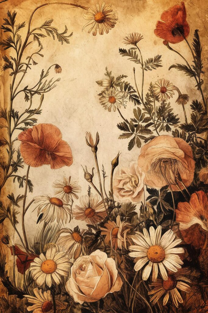 Vintage botanical illustration of daisies, roses, and poppies on a textured background, evoking timeless floral elegance.