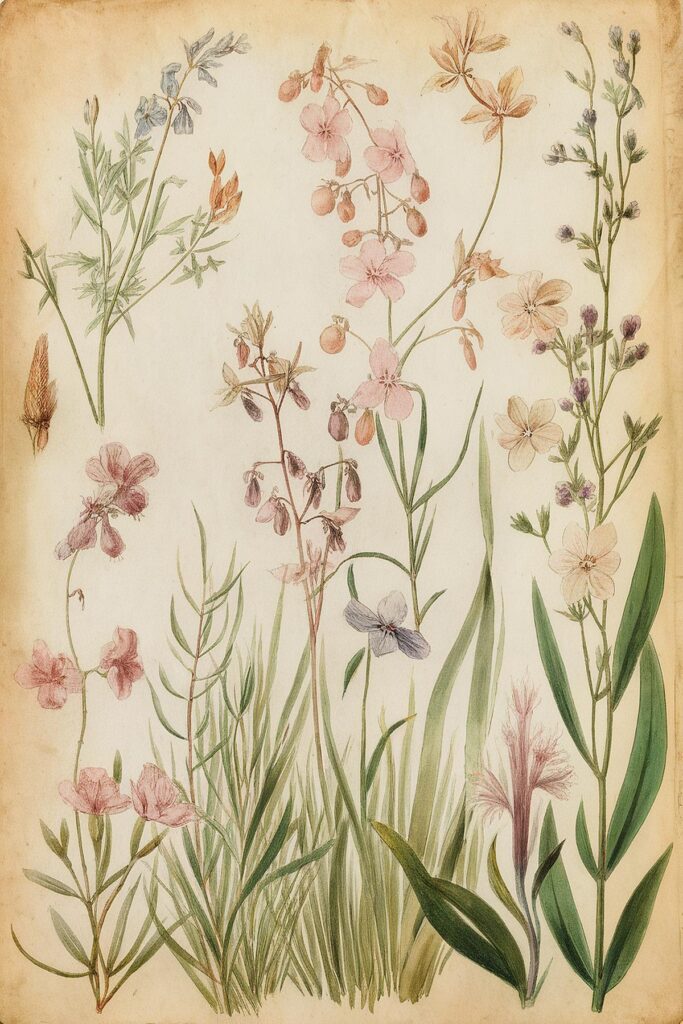 Illustration of various wildflowers with detailed botanical features and soft pastel colors on a vintage paper background.