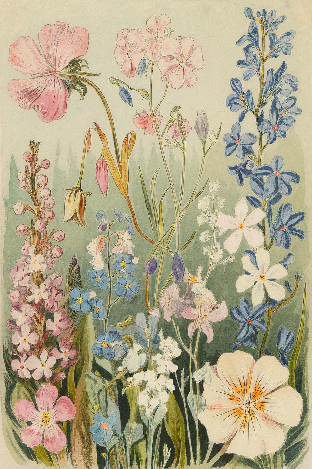 Vintage botanical illustration of colorful wildflowers in shades of pink, blue, and white on a green background.