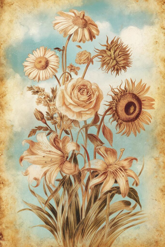 Vintage floral illustration with daisies, rose, and sunflowers against a sky-blue background.