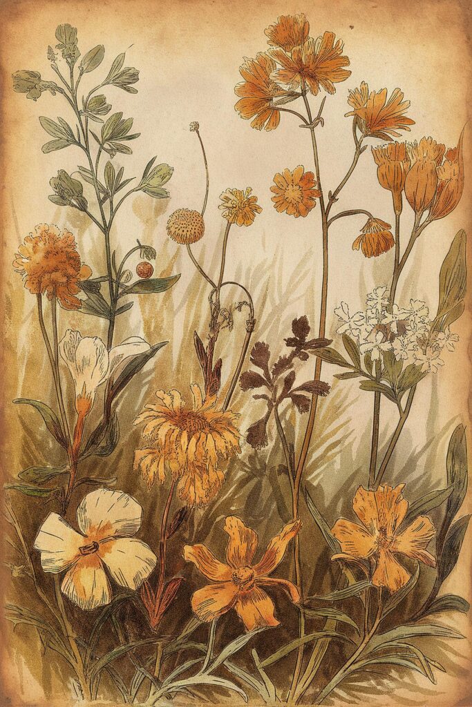 Vintage botanical illustration of orange and white wildflowers on a textured background.