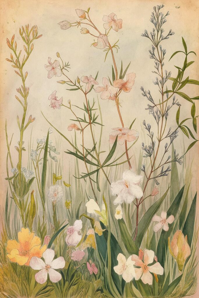 Vintage botanical illustration of various wildflowers with delicate petals and green foliage.