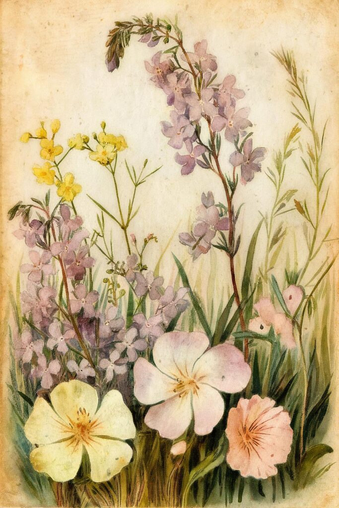 Vintage botanical illustration of assorted wildflowers in soft pastel colors.